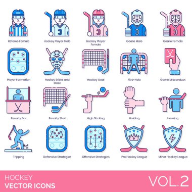 Hokey simgeleri arasında hakem, oyuncu, kaleci, formasyon, sopalar ve maske, gol, beş delik, oyun suiistimali, ceza kutusu, şut, yüksek sopa, tutuş, kanca, tökezleme, savunma, hücum stratejisi, profesyonel, ikinci lig.