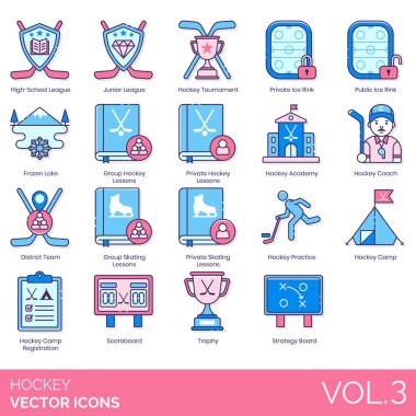 Hokey ikonları arasında lise, çocuk, turnuva, özel buz pateni pisti, halka açık, donmuş göl, grup dersi, akademi, koç, bölge takımı, paten, antrenman, kamp kaydı, skor tabelası, kupası, strateji tahtası,.