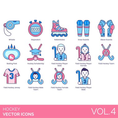 Hokey ikonları arasında ıslık, kronometre, paten, diz, dirsek koruması, paten parkı, burs, oyuncu, saha takımı, forma.