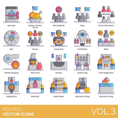 Siyaset simgeleri arasında kırmızı bant, lastik tavuk turu, sessiz çoğunluk, slate, duman dolu oda, spin, stump, swing oy, duruşma balonu, kamçı, düdük durdurma, cadı avı, seçim günü, seçmen kaydı, oy sandığı, kağıt, elektronik