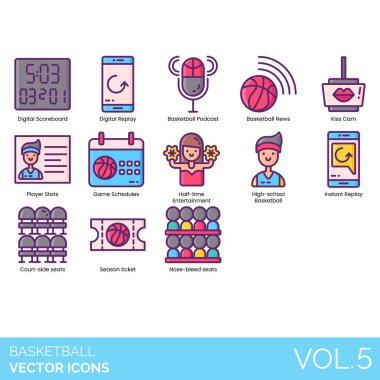 Dijital skor tabelası, podcast, haber, öpücük kamerası, oyuncu istatistikleri, oyun programı, devre arası eğlence, lise, anında tekrar gösterimi, saha kenarı, sezon bileti, burun kanaması koltukları dahil olmak üzere basketbol simgeleri.