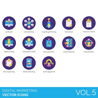 Reklam engelleyici, viral, uzun menzilli planlama, ödenmiş makaleler, prim içeriği, strateji, abonelik modeli, geri dönen ziyaretçi, sosyal, kişiselleştirme, robot kopyalama, mobil reklamcılık, kullanıcı bağlılığı gibi dijital pazarlama simgeleri.
