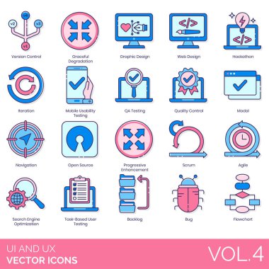 UX ve UI simgeleri arasında sürüm kontrolü, zarif bozulma, grafik tasarımı, web, hackkathon, yineleme, mobil kullanılabilirlik, QA testi, QC, modal, navigasyon, açık kaynak, ilerici geliştirme, scrum, agile, SEO, görev tabanlı kullanıcı, birikim, hata, f