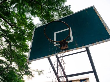 Yeşil Ağaçların Altında Basketbol Hoop - Lush Tropikal Yeşillik ve Gökyüzü Arkaplanlı Açık Basketbol Sahası Düşük Açı Görünümü.