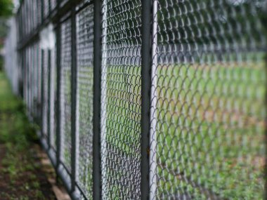 Chain Link Fence with Green Trees in Background - Security Barrier at Park or Sports Facility.