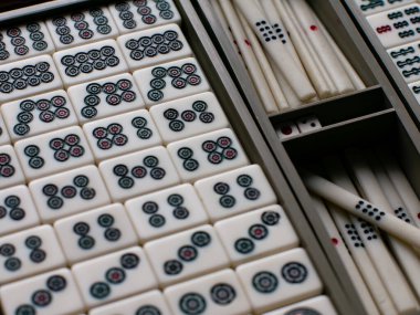 Tahta kutuda sıralanmış Çember Noktalar ve Bambu Çubukları ile geleneksel Mahjong Döşemeleri