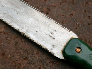 Paslı Japon Saha Testeresi: Eski Nokogiri Ahşap İşleme Aracı Yakın Çekim Beton Yüzey Detayları