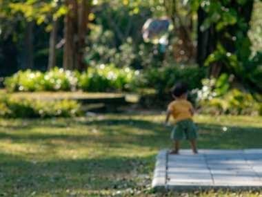 Bokeh Efekti ile Yeşil Park 'ta Yürüyen Çocuğun Bulanık Arkaplan Sahnesi