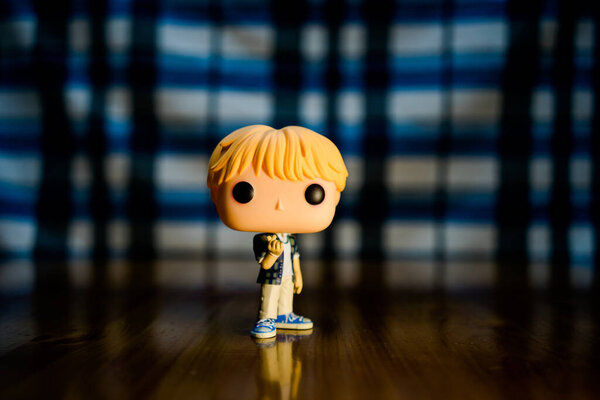 Gangnam, South Korea - March 01, 2020. BTS character figurine at the House of BTS Pop Up Store