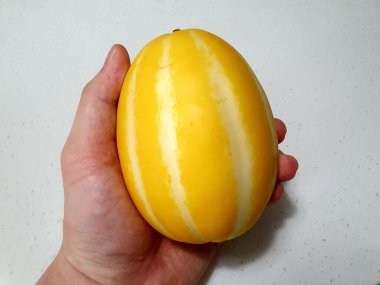 Sarı kavun tutan erkek elleri