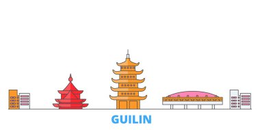 Çin, Guilin hattı şehir manzarası, düz vektör. Seyahat şehri simgesi, oultine illüstrasyonu, çizgi dünyası simgeleri