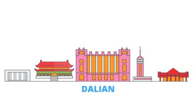 Çin, Dalian hattı şehir manzarası, düz vektör. Seyahat şehri simgesi, oultine illüstrasyonu, çizgi dünyası simgeleri