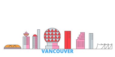 Kanada, Vancouver City hattı şehir merkezi, düz vektör. Seyahat şehri simgesi, oultine illüstrasyonu, çizgi dünyası simgeleri