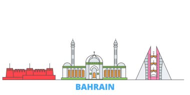 Bahreyn hattı şehir manzarası, düz vektör. Seyahat şehri simgesi, oultine illüstrasyonu, çizgi dünyası simgeleri