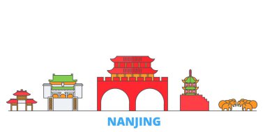 Çin, Nanjing hattı şehir merkezi, düz vektör. Seyahat şehri simgesi, oultine illüstrasyonu, çizgi dünyası simgeleri