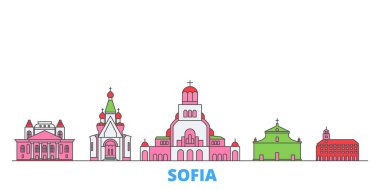 Bulgaristan ve Sofya şehir merkezi, düz vektör. Seyahat şehri simgesi, oultine illüstrasyonu, çizgi dünyası simgeleri