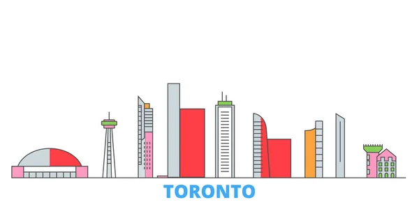 Canada, Toronto City Line Cityscape, vettore piatto. Città di viaggio punto di riferimento, illustrazione oultine, icone del mondo linea — Vettoriale Stock