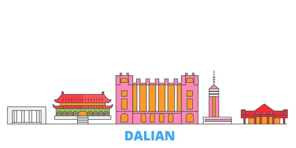 Chiny, Dalian Line Cityscape, płaski wektor. Podróże miasto punkt orientacyjny, oultine ilustracja, ikony świata linii — Wektor stockowy