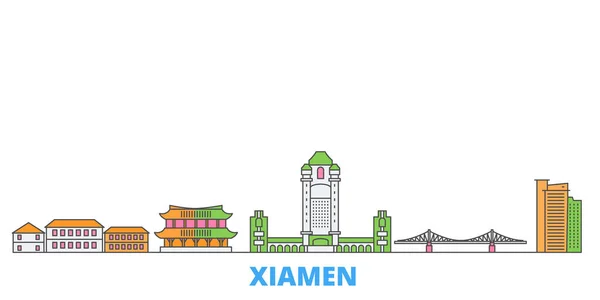 China, Xiamen paisaje urbano de línea, vector plano. Monumento de la ciudad de viajes, ilustración de oultine, iconos del mundo de línea — Vector de stock