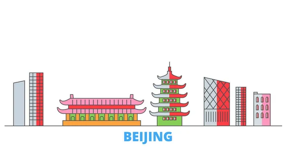 中国,北京城线城市景观,平面矢量.旅游城市地标，原木图解，线条世界图标 — 图库矢量图片