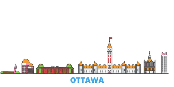 Canada, paesaggio urbano di Ottawa, vettore piatto. Città di viaggio punto di riferimento, illustrazione oultine, icone del mondo linea — Vettoriale Stock