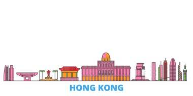 Çin, Hong Kong şehir sınırı, düz vektör. Seyahat şehri simgesi, oultine illüstrasyonu, çizgi dünyası simgeleri