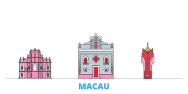 Çin, Macau hattı şehir manzarası, düz vektör. Seyahat şehri simgesi, oultine illüstrasyonu, çizgi dünyası simgeleri
