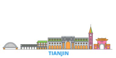 Çin, Tianjin şehir sınırı, düz vektör. Seyahat şehri simgesi, oultine illüstrasyonu, çizgi dünyası simgeleri