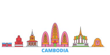 Kamboçya hattı şehir manzarası, düz vektör. Seyahat şehri simgesi, oultine illüstrasyonu, çizgi dünyası simgeleri