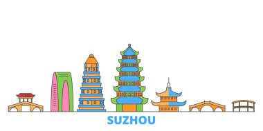 Çin, Suzhou hattı şehir manzarası, düz vektör. Seyahat şehri simgesi, oultine illüstrasyonu, çizgi dünyası simgeleri