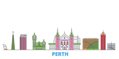 Avustralya, Perth hattı şehir manzarası, düz vektör. Seyahat şehri simgesi, oultine illüstrasyonu, çizgi dünyası simgeleri