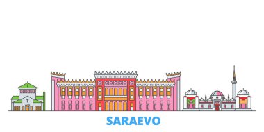 Bosna-Hersek, Saraevo hattı şehir merkezi, düz vektör. Seyahat şehri simgesi, oultine illüstrasyonu, çizgi dünyası simgeleri