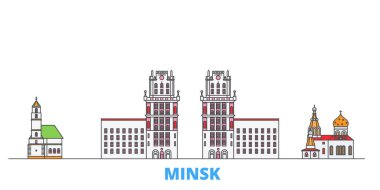 Belarus, Minsk hattı şehir manzarası, düz vektör. Seyahat şehri simgesi, oultine illüstrasyonu, çizgi dünyası simgeleri