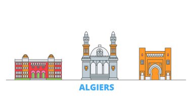 Cezayir çizgisi şehir manzarası, düz vektör. Seyahat şehri simgesi, oultine illüstrasyonu, çizgi dünyası simgeleri