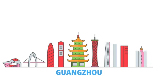 China, Ciudad de Guangzhou paisaje urbano, vector plano. Monumento de la ciudad de viajes, ilustración de oultine, iconos del mundo de línea — Vector de stock