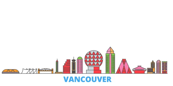 캐나다, 밴쿠버 라인 시티 스케이프, 플랫 벡터. 여행 도시의 랜드마크, 울 틴의 삽화, 직선 세계의 아이콘 — 스톡 벡터