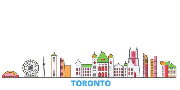 Canada, Toronto Line Cityscape, vettore piatto. Città di viaggio punto di riferimento, illustrazione oultine, icone del mondo linea — Vettoriale Stock