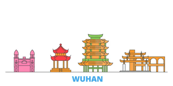 Chiny, Wuhan linia krajobraz miasta, płaski wektor. Podróże miasto punkt orientacyjny, oultine ilustracja, ikony świata linii — Wektor stockowy