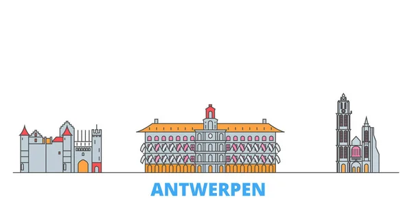 Belgio, paesaggio urbano di Anversa, vettore piatto. Città di viaggio punto di riferimento, illustrazione oultine, icone del mondo linea — Vettoriale Stock