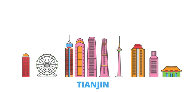 China, Tianjin paisaje urbano de línea, vector plano. Monumento de la ciudad de viajes, ilustración de oultine, iconos del mundo de línea — Vector de stock