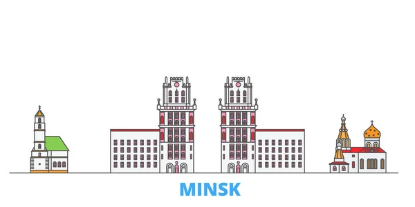 Fehéroroszország, minszki városkép, lapos vektor. Utazási város mérföldkő, oultine illusztráció, vonal világ ikonok — Stock Vector