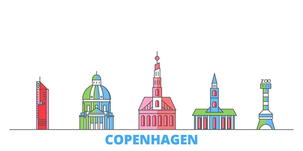 Dinamarca, Copenhague Ciudad paisaje urbano, vector plano. Monumento de la ciudad de viajes, ilustración de oultine, iconos del mundo de línea — Archivo Imágenes Vectoriales