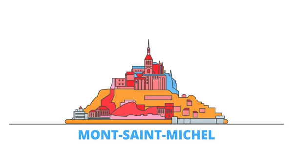 France, Mont Saint Michel et sa ligne de baie paysage urbain, vecteur plat. Voyage ville point de repère, oultine illustration, ligne icônes du monde — Image vectorielle