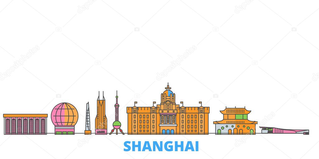 China, Shanghai line cityscape, flat vector. Travel city landmark, oultine illustration, line world icons