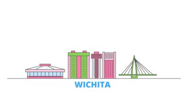 Birleşik Devletler, Wichita hattı şehir manzarası, düz vektör. Seyahat şehri simgesi, oultine illüstrasyonu, çizgi dünyası simgeleri