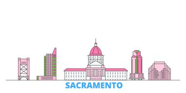 Birleşik Devletler, Sacramento hattı şehir manzarası, düz vektör. Seyahat şehri simgesi, oultine illüstrasyonu, çizgi dünyası simgeleri