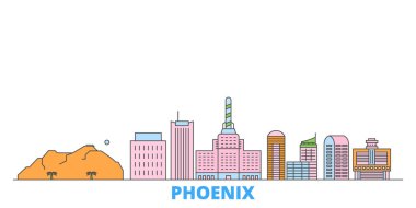 Birleşik Devletler, Phoenix hattı şehir manzarası, düz vektör. Seyahat şehri simgesi, oultine illüstrasyonu, çizgi dünyası simgeleri