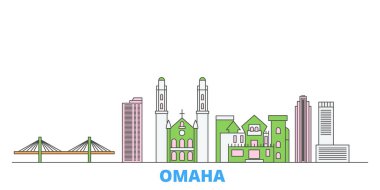 Birleşik Devletler, Omaha hattı şehir manzarası, düz vektör. Seyahat şehri simgesi, oultine illüstrasyonu, çizgi dünyası simgeleri