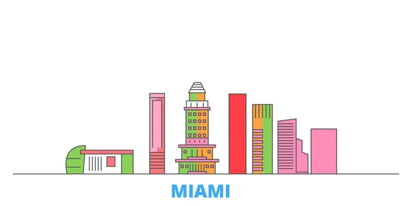 Spojené státy, Miami City Line City, plochý vektor. Turistické památky města, oultine ilustrace, linie světových ikon — Stockový vektor