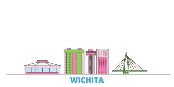 Estados Unidos, paisaje urbano de la línea Wichita, vector plano. Monumento de la ciudad de viajes, ilustración de oultine, iconos del mundo de línea — Vector de stock